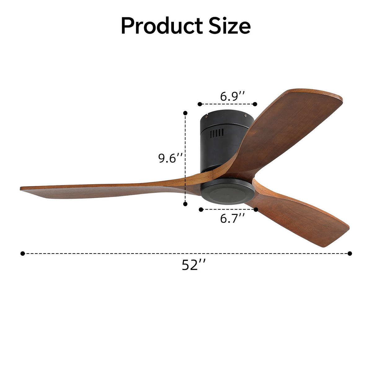 DECKENVENTILATOR DE-16345 52 Zoll Flachbau mit 3 Holzflügeln & reversibel - Schwarz, Holz/Metall (132/132/24.5cm) - ComfortXL