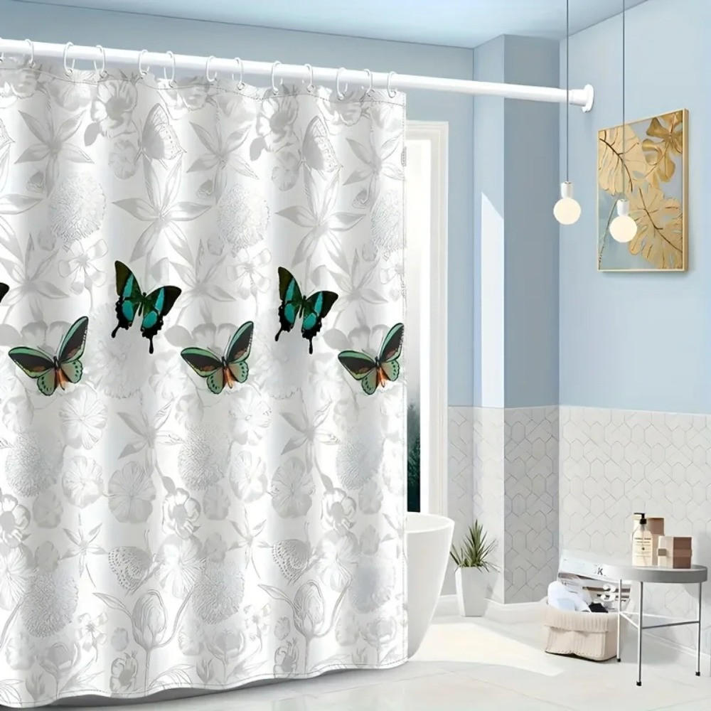 DUSCHVORHANG Schmetterling floral 180 x 180 cm Design Druck wasserdicht - Weiß, Textil (180/180cm) - MCBOSON