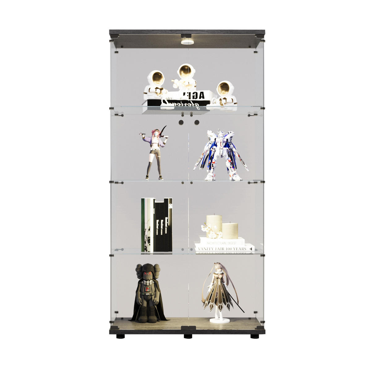 VITRINE LED-Glasvitrine Schwarz Mit 2 Türen, 4 Ebenen, Spiegel & Licht - Schwarz, Holz (36.49/163.9/80.49cm)