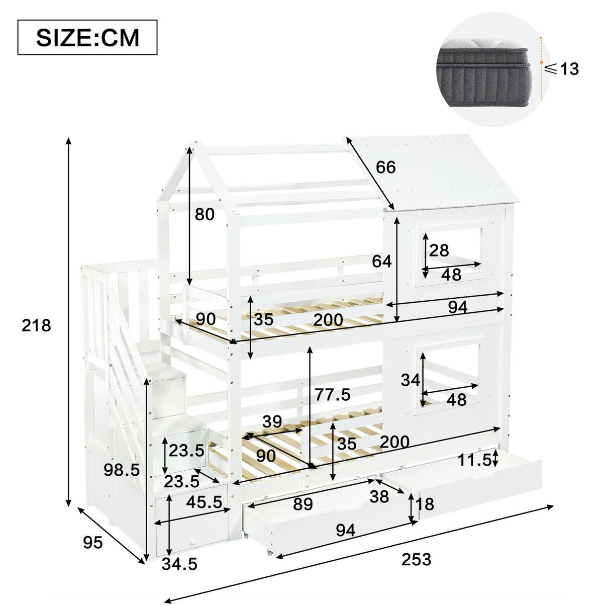 ETAGENBETT 90/200 cm weiß aus Kiefer und MDF mit Treppenschrank - Weiß, Holz (90/200cm) - OKWISH