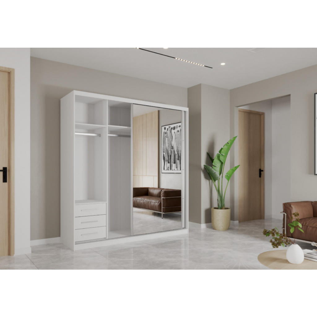 Thumbnail - Möblo Schiebetürenschrank, Weiß, Holzwerkstoff, 3 Schubladen, Rechteckig, 203x218x61 cm, Schlafzimmer, Kleiderschränke, ...