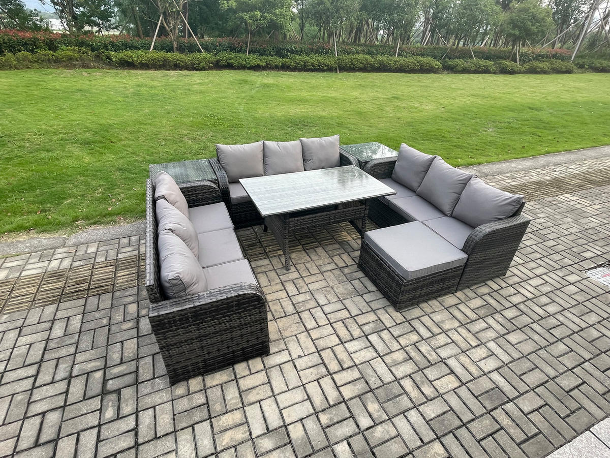 GARTENTISCHGRUPPE mit 2 Beistelltisch Hocker Polyrattan Dunkelgrau 10-Sitzer - Dunkelgrau/Grau, Glas/Kunststoff - Fimous