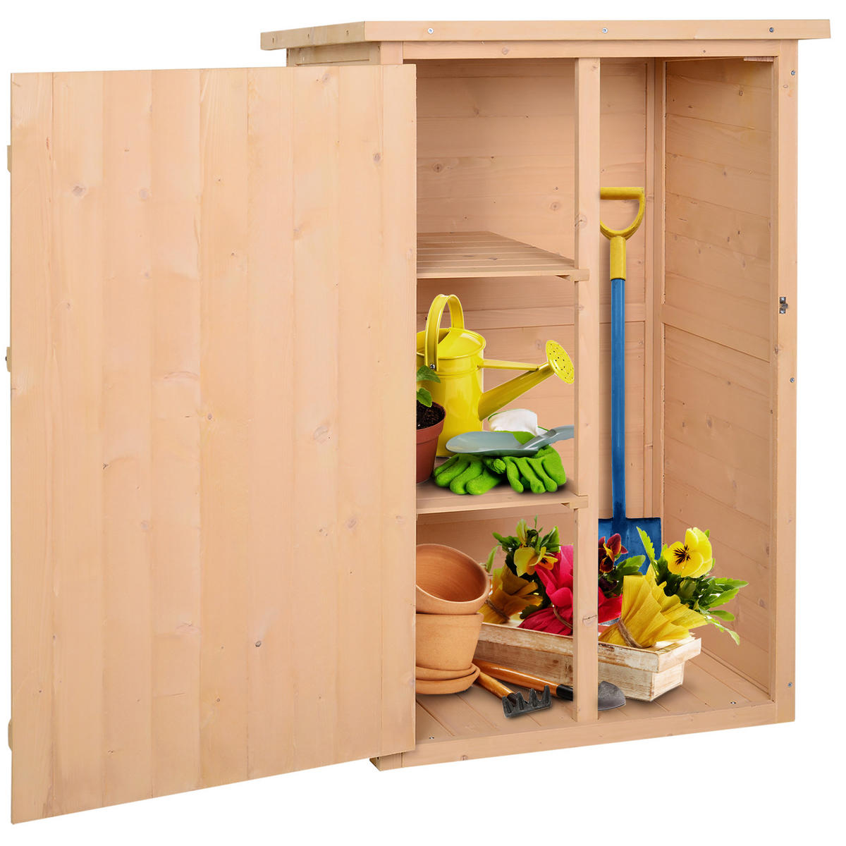 GERÄTESCHUPPEN DE-17568 große Tür mit Riegel, 2 Böden Naturholz - Naturfarben, Holz (75/115/56cm) - ComfortXL