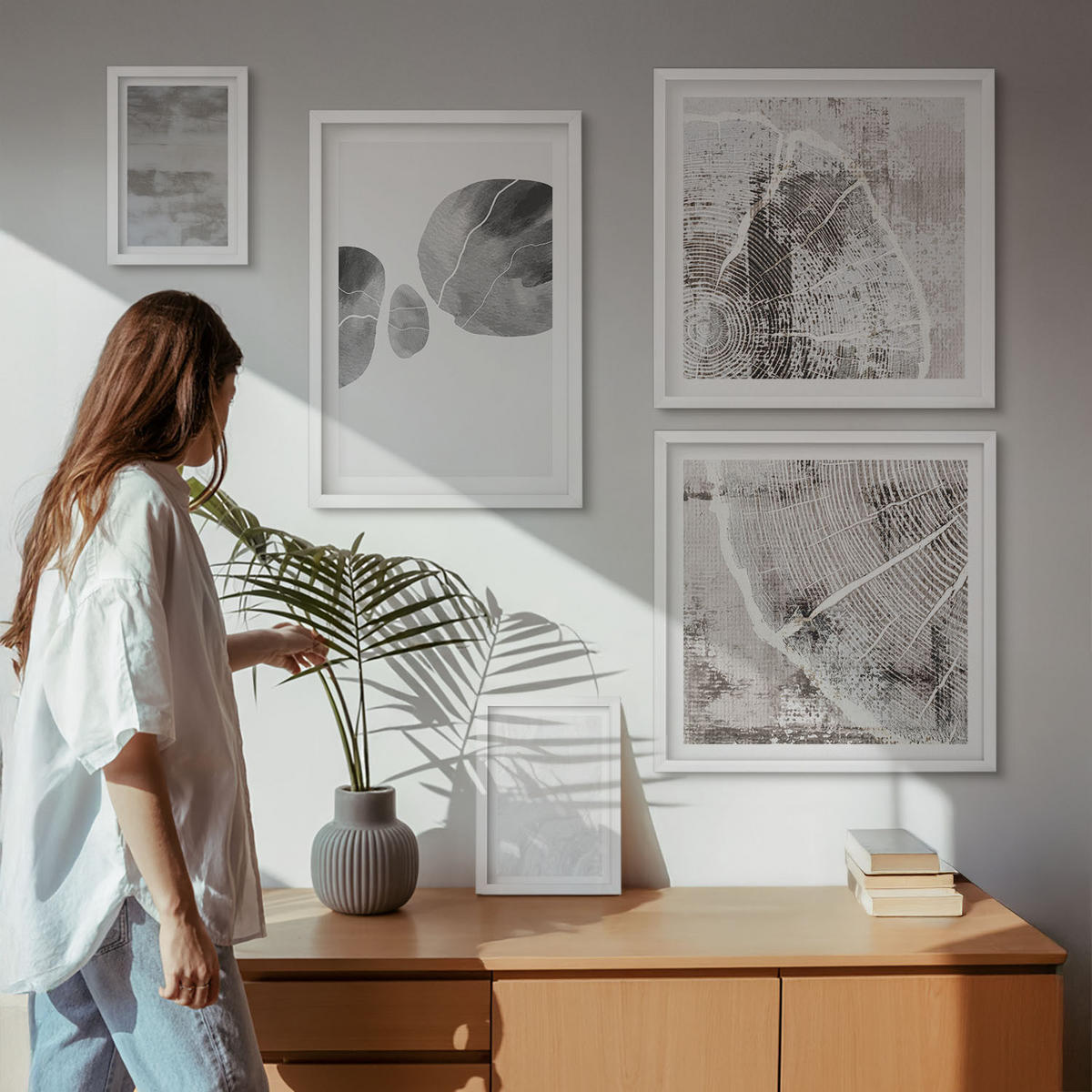 WANDBILDER 5er-Set - 50x50 cm & 20x30 cm & 40x60 cm Weißer Rahmen - Abstrakte moderne Formen - Weiß, Kunststoff (40/60cm) - ArtPrintCave