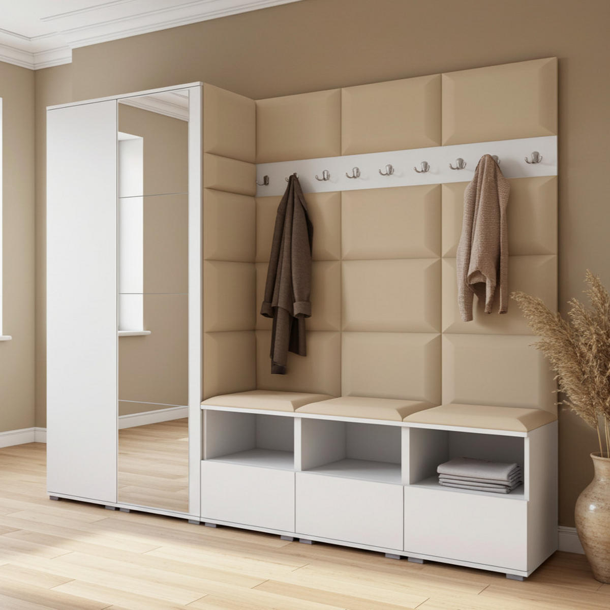 GARDEROBE NELA VII 250 cm (Modulare Flurmöbel XL Weiß mit Spiegel & Sitzpolster Beige 04 Universell) - Beige/Silberfarben, Holz/Holzwerkstoff (250/187/40cm) - Ravio