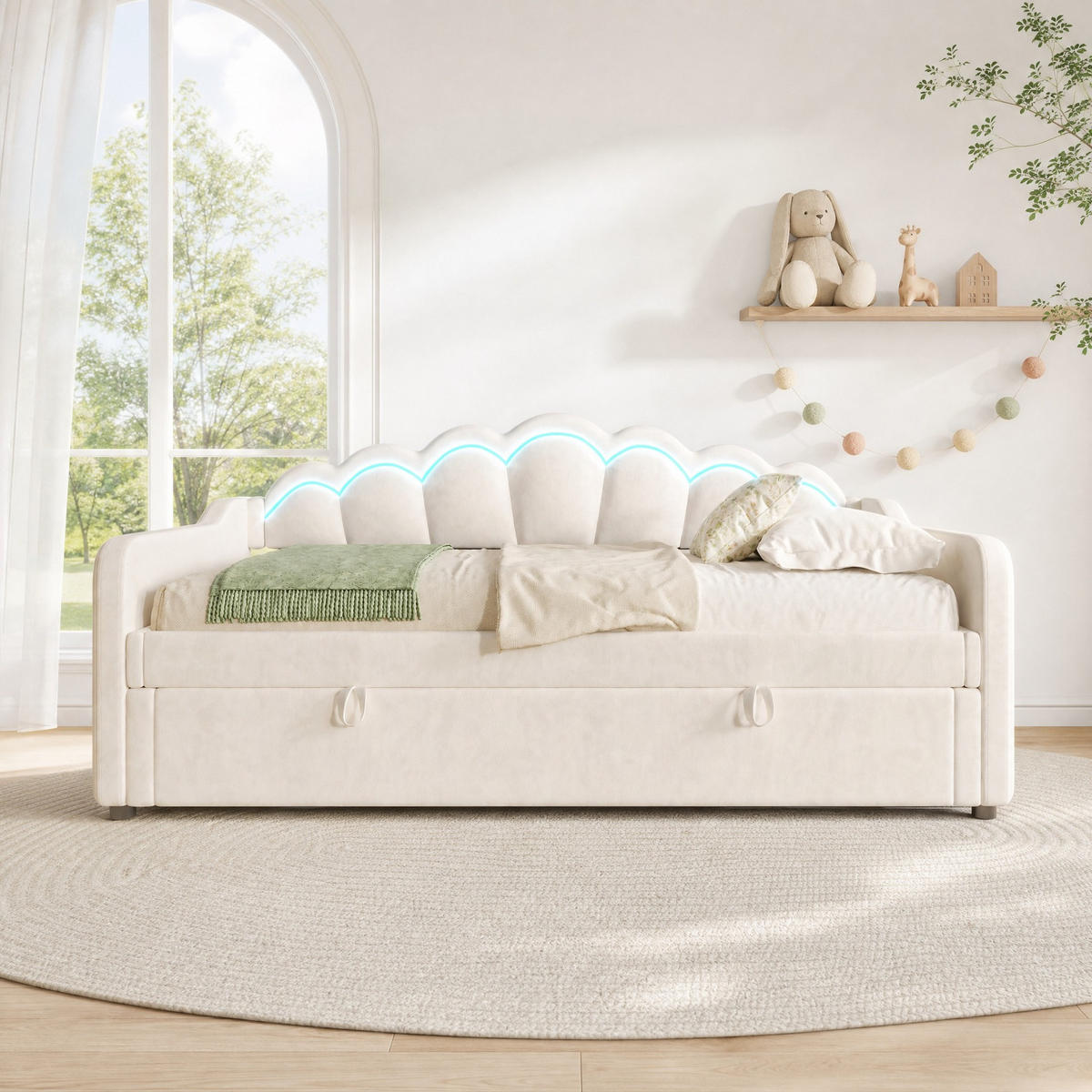POLSTERBETT 90/200 mit Bettkasten, LED-Lichtleiste und hydraulischem Hebemechanismus aus Samt in Beige - Beige, Holzwerkstoff/Textil (90/200cm) - EVRYAE