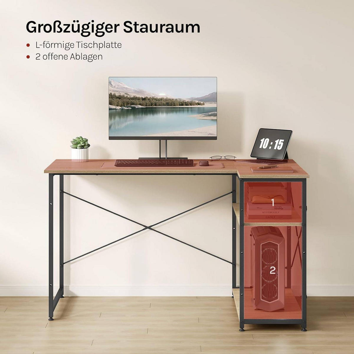 SCHREIBTISCH mit 2 Ablagen,120x73x72 cm, Helle Eiche - Eichefarben, Holzwerkstoff/Metall (72/120/72.5cm) - Woltu