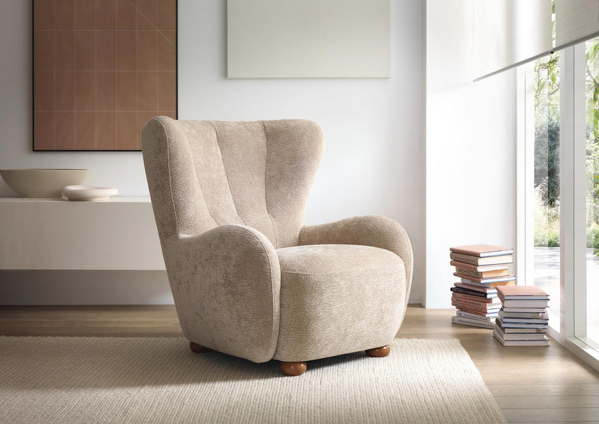 SESSEL MIST, Polstersessel Klassisch Loungesessel, Chenille-Stoff Beige - Beige, Holz/Holzwerkstoff (88/91/100cm) - MASSENO