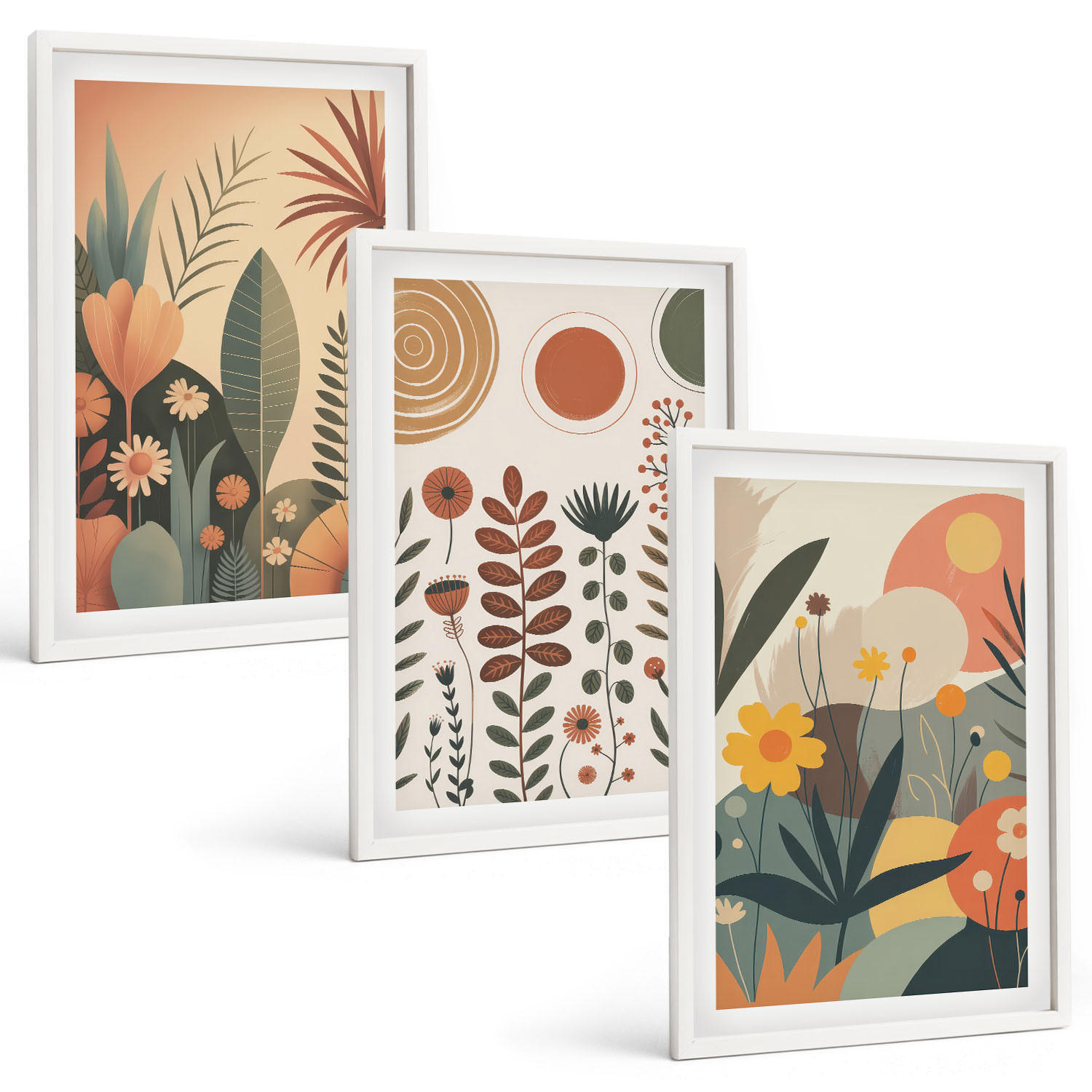 BILDER SET 3er Set - 40x60 cm Weißer Rahmen - Boho-Pflanzenmuster Natur - Weiß, Kunststoff (40/60cm) - TULUP