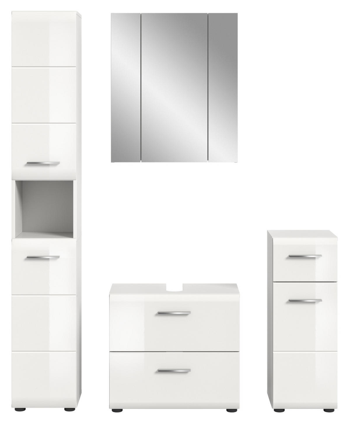 BADMÖBEL-SET 4-teilig in weiß Hochglanz Badkombination 150 x 185 cm Cover - Weiß Hochglanz/Silberfarben, Holzwerkstoff/Kunststoff (150/185/30cm) - Inn.Furn