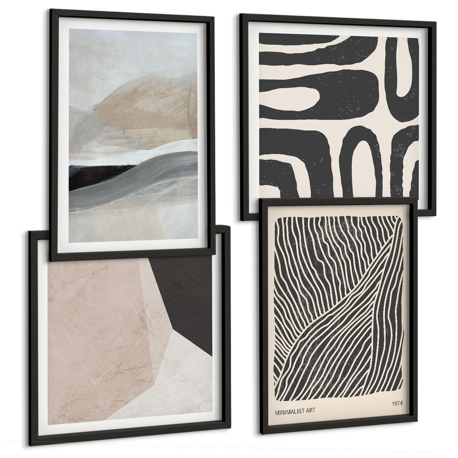 BILDER SET 4er Set - 50x50 cm & 40x60 cm Schwarzer Rahmen - Abstrakte Boho-Dekorationsmuster - Schwarz, Kunststoff (50/50cm) - TULUP