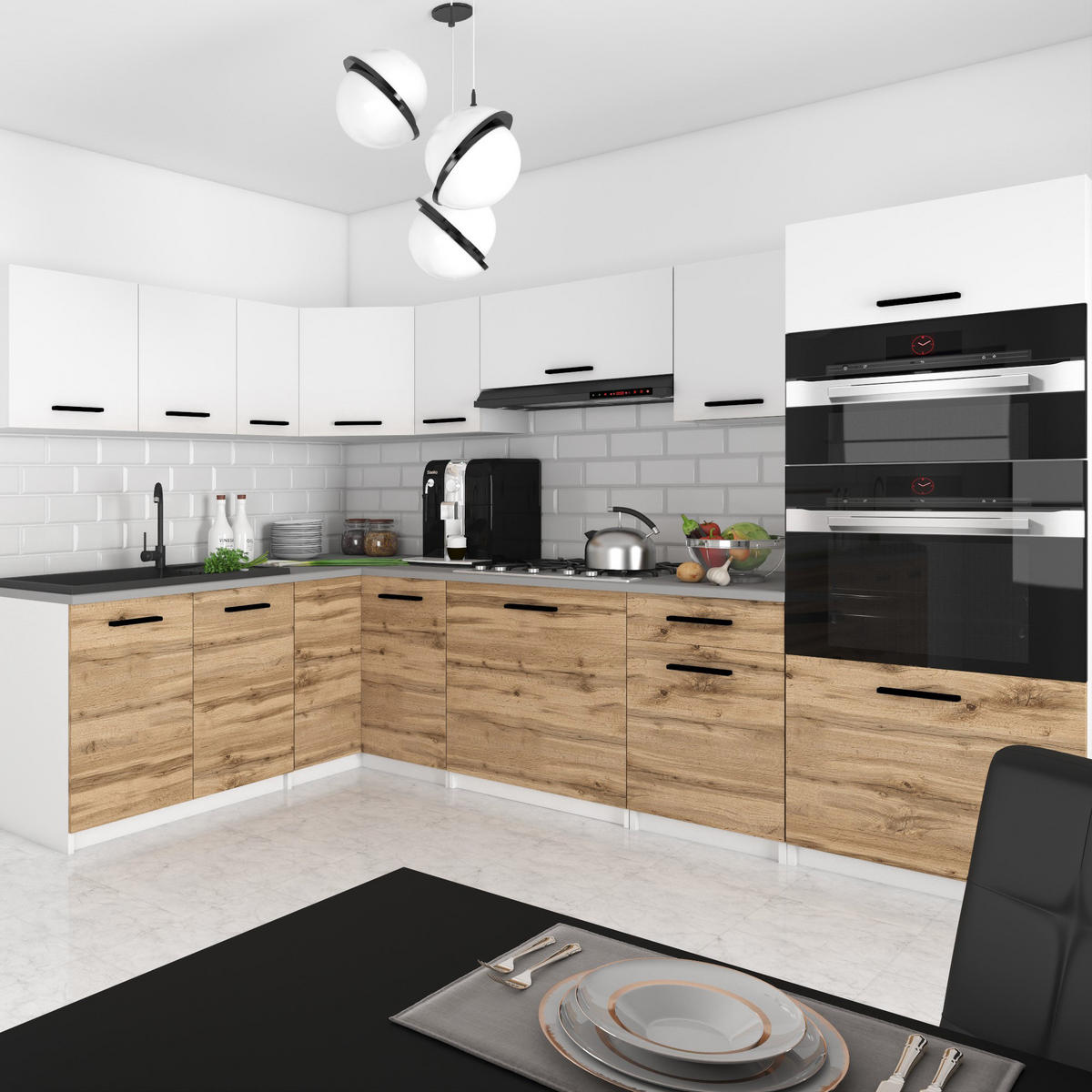 KÜCHENZEILE Italia 8 420 cm , mit Arbeitsplatten, Weiß-Goldbraun Matt - Weiß/Braun, Holz (420/143/60cm) - B BELINI GROUP