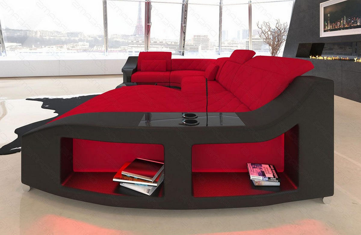 WOHNLANDSCHAFT Stoff Sofa Swing U Form Rot Schwarz Mikrofaserstoff - Rot, Kunststoff (404/90/220cm)
