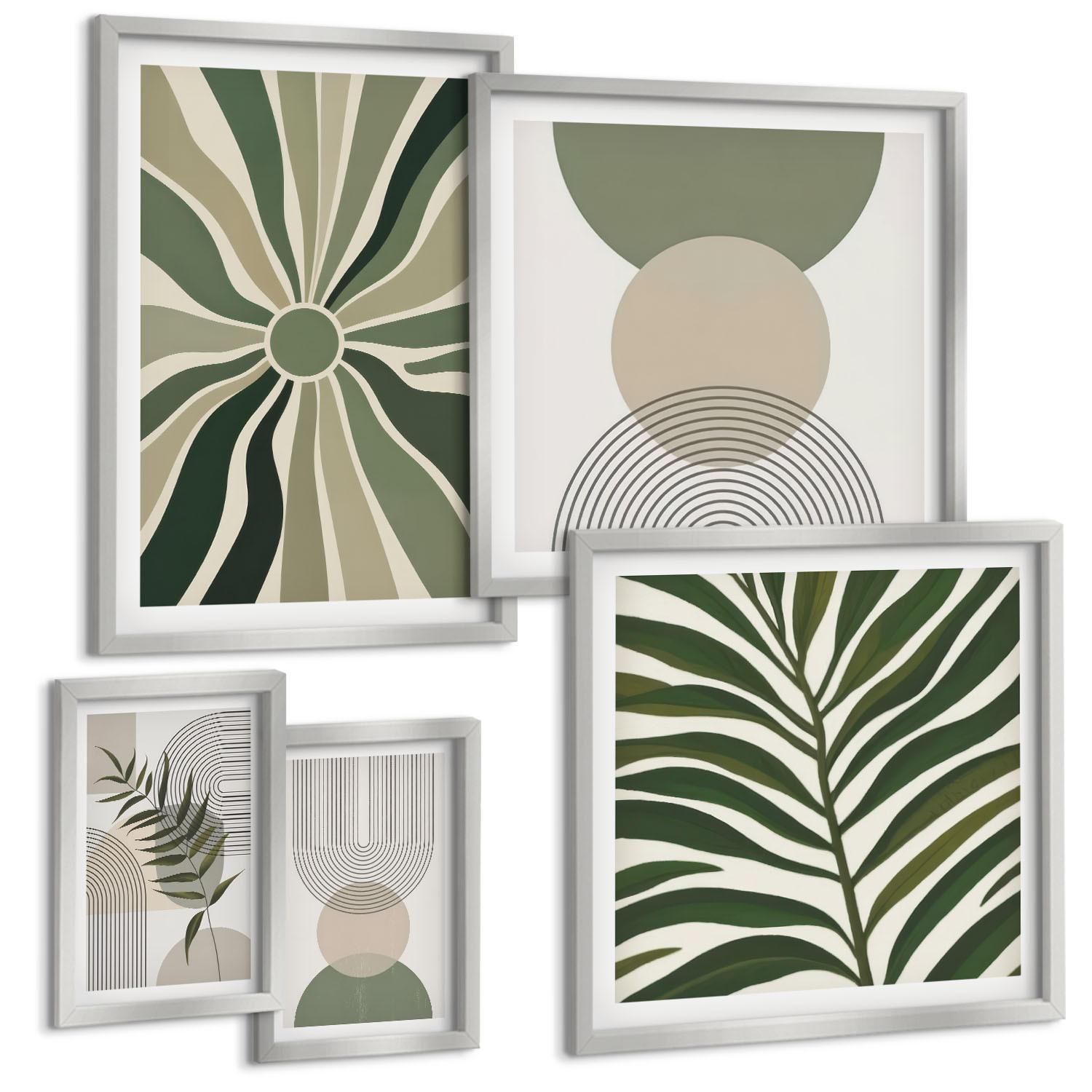 BILDER SET 5er Set - 50x50 cm & 20x30 cm & 40x60 cm Silberner Rahmen - Abstrakte Blätter im Boho-Stil - Silberfarben, Kunststoff (40/60cm) - TULUP