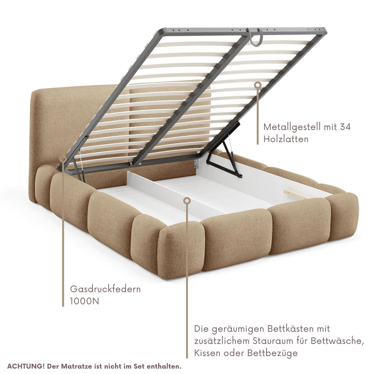 POLSTERBETT ARDELLO mit Beinen mit Bettkasten,Bett 160x200,Doppelbett,Lattenrost,Boxspringbett-Optik,ohne Matratze,Schlafzimmer-Creme - Cappuccino, Holz (180/200cm) - Furnistar