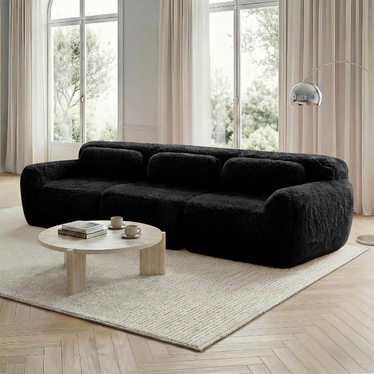3-SITZER Sofa 291x104x73 cm aus Plüschstoff rahmenlos modular, schwarz - Schwarz, Textil (104/73/291cm)