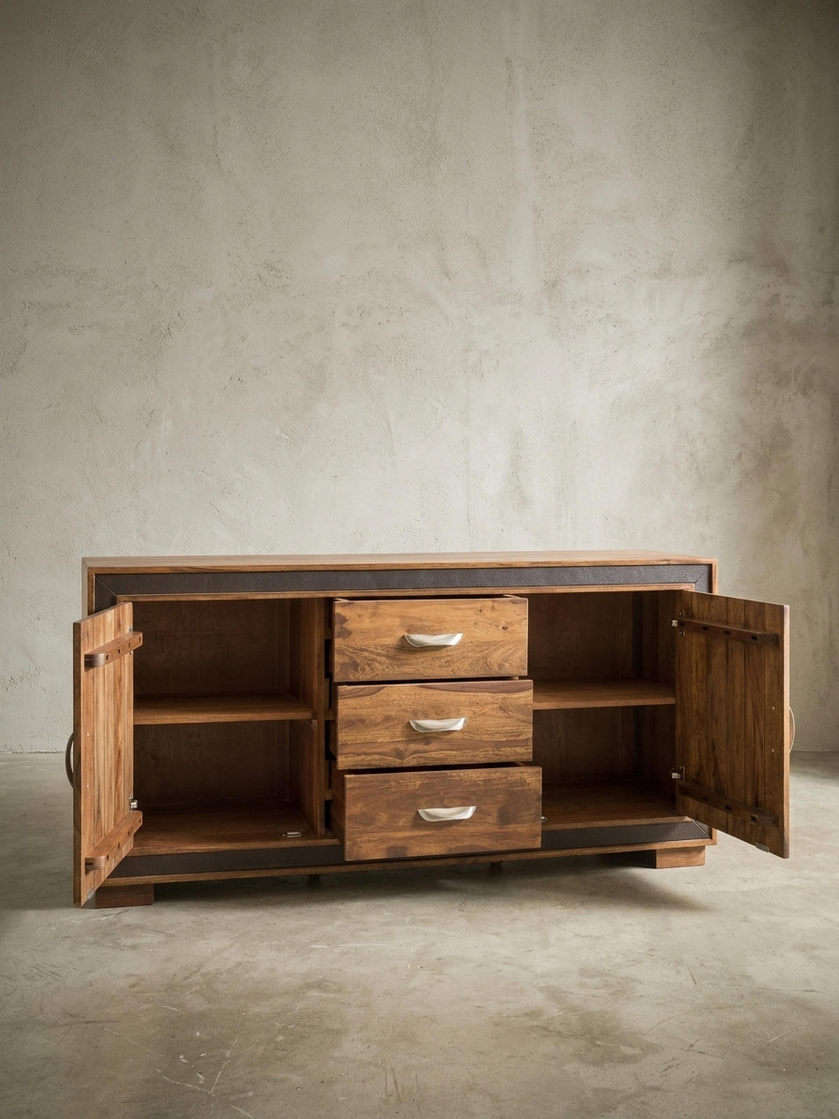 SIDEBOARD – Massivholz, Kunstleder, 160x44x80 cm, rustikal - Braun, Holz (160/80/44cm) - KADIMA DESIGN