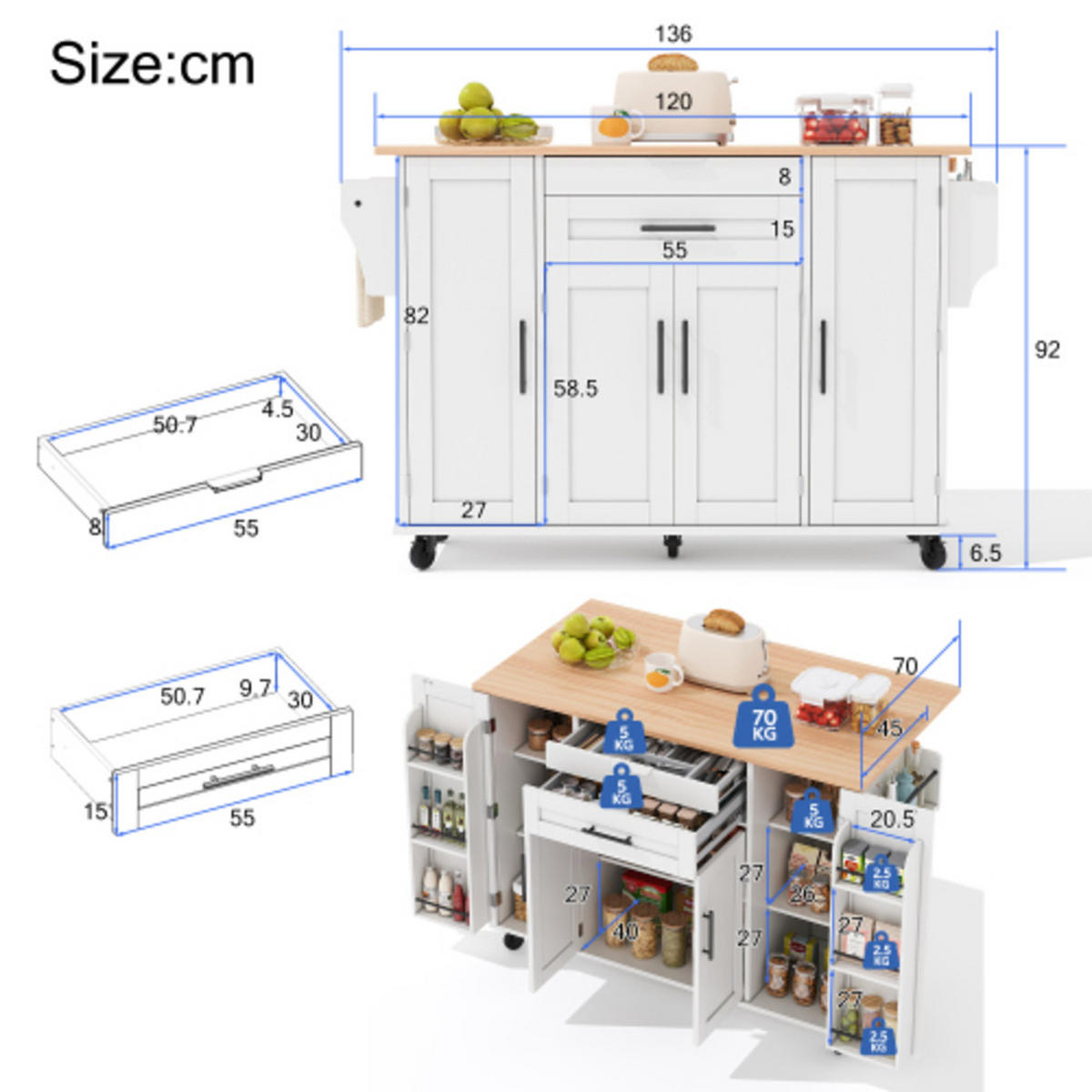 KÜCHENINSEL Weiß aus MDF mit ausklappbarer Arbeitsverlängerung 136 × 70 × 92 cm - Weiß, Holzwerkstoff (136/92/70cm) - Luhomfu
