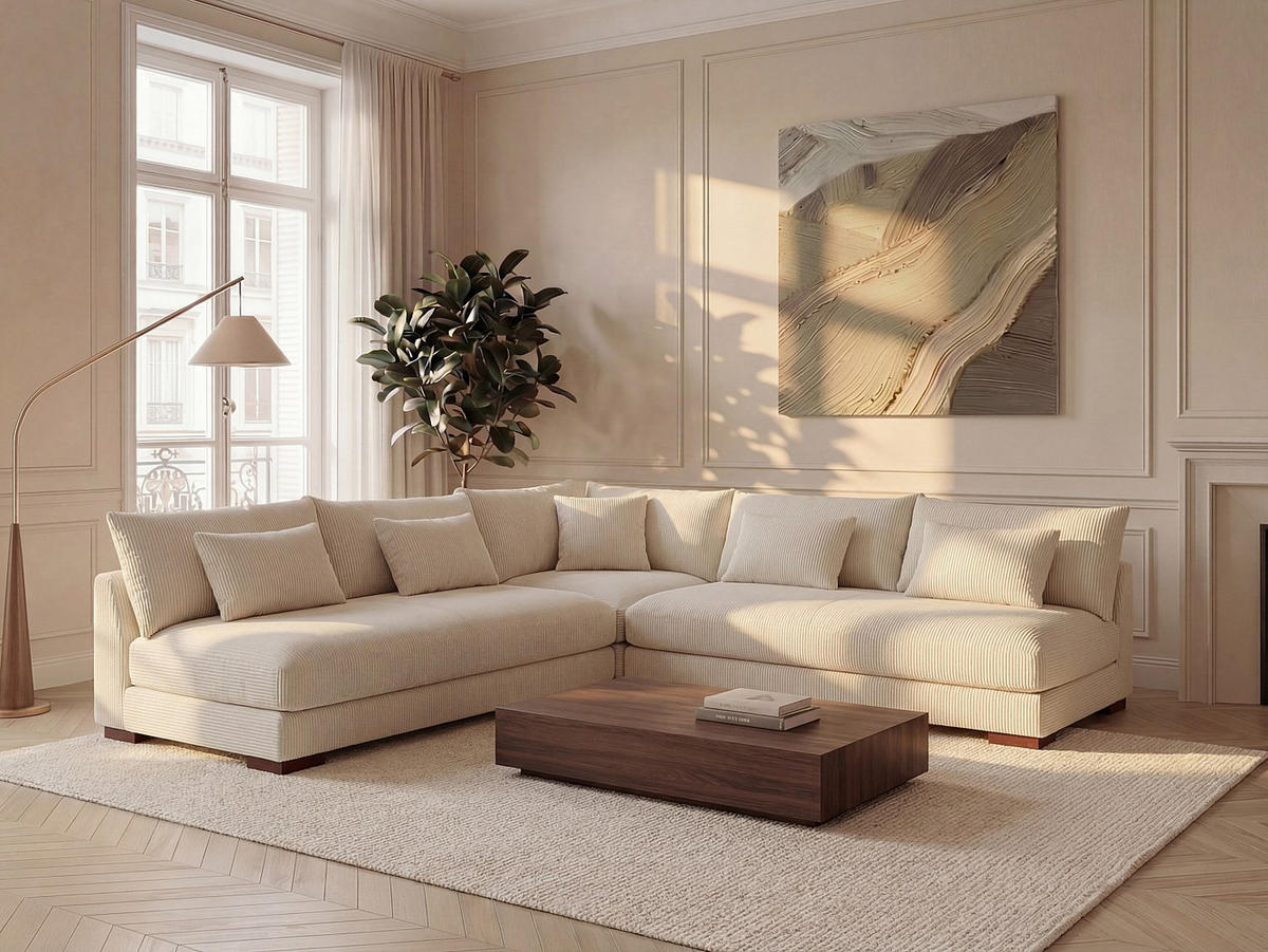 SOFA ohne Schlafmöglichkeit - 6 Personen - Samt, Stoff - Beige - Beige, Textil (275/85/275cm) - Vente-Unique