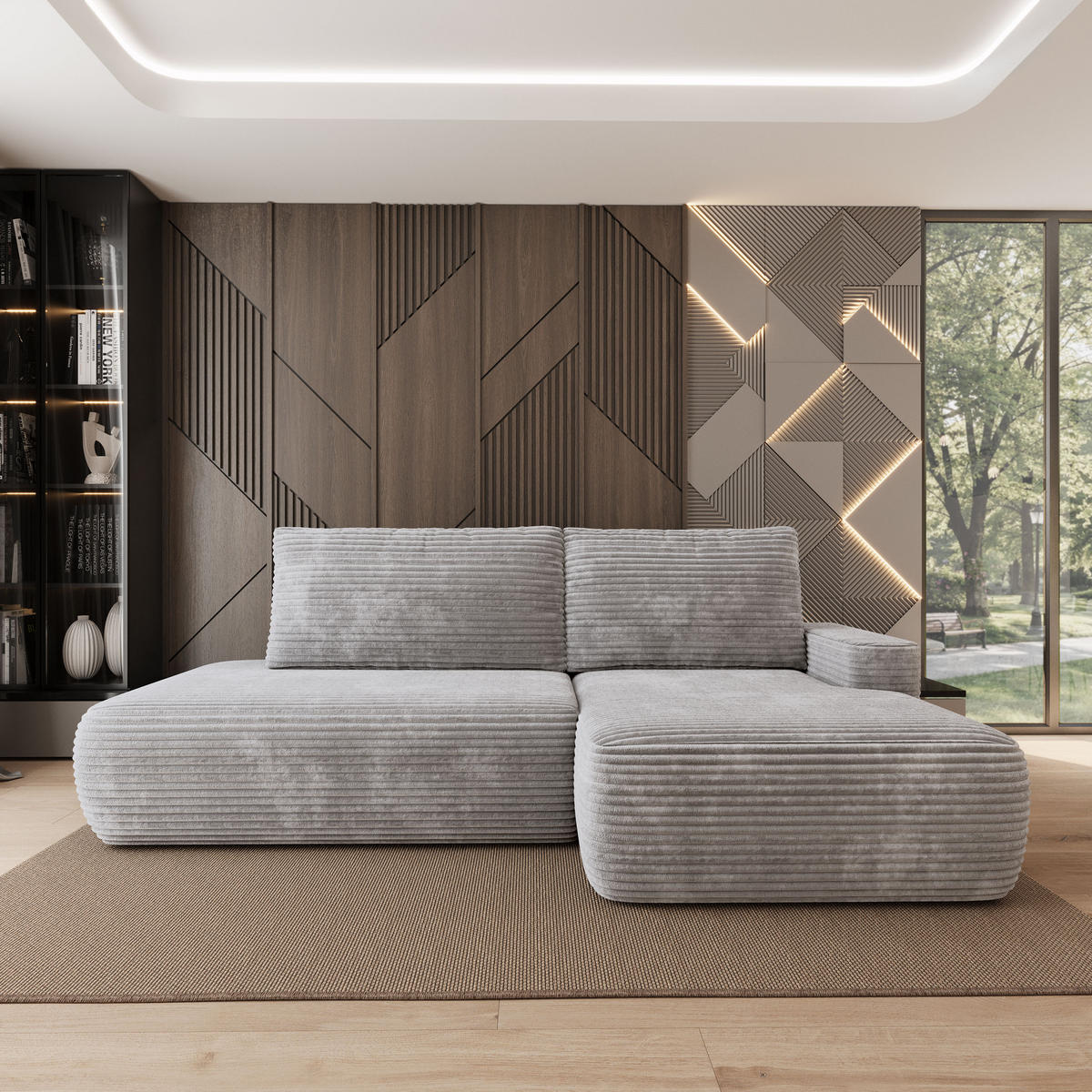 ECKSOFA AVINI T R-S Hellgrau Kordstoff mit Schlaffunktion - Hellgrau, Holzwerkstoff/Textil (277/160cm) - MASSENO