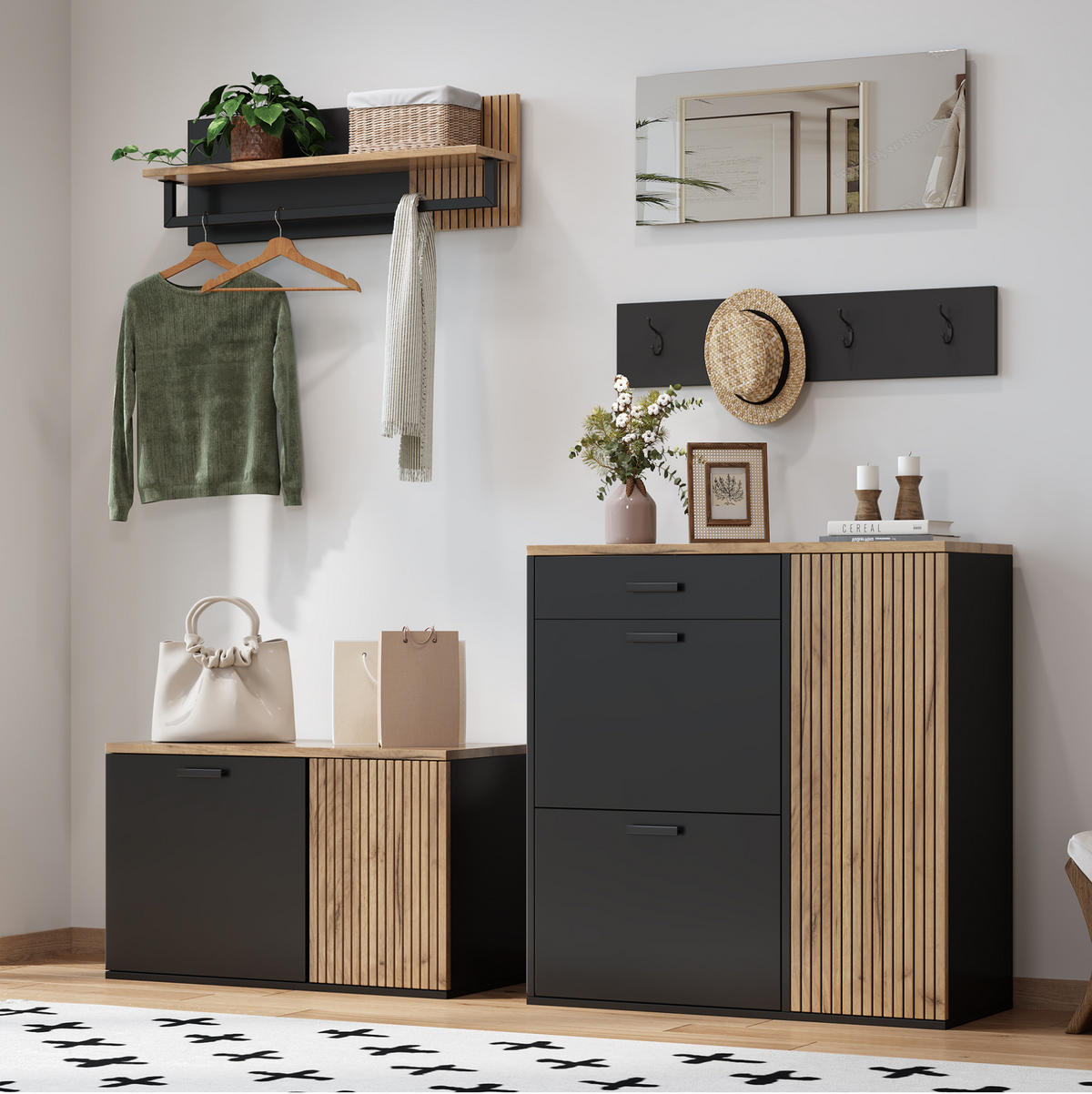 SCHUHSCHRANK 85/85/36 cm Natur/Schwarz aus Holzwerkstoff mit Schuhbank 5er Set - Naturfarben, Holzwerkstoff (85/85/36cm) - OKMYHOME
