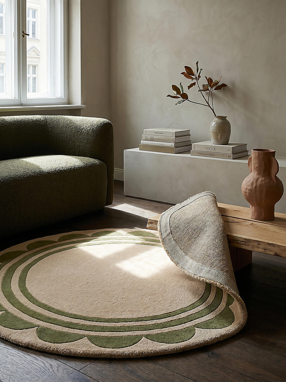 WOLLTEPPICH Grafisches Muster, Rahmen, Wohnzimmer schmutzabweisend Grün-Beige Rund 120x120 - Grün, Textil (120/120cm) - KADIMA DESIGN