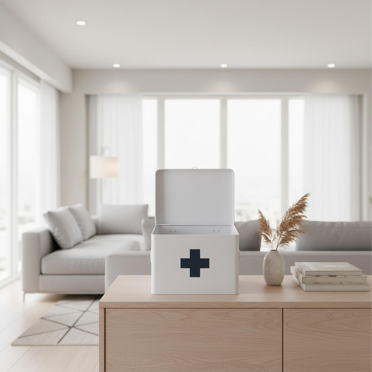 MEDIZINBOX Weiß Grau Metall 4 Fächer entnehmbarer Einsatz - Weiß, Metall (28/21/20.5cm) - Relaxdays