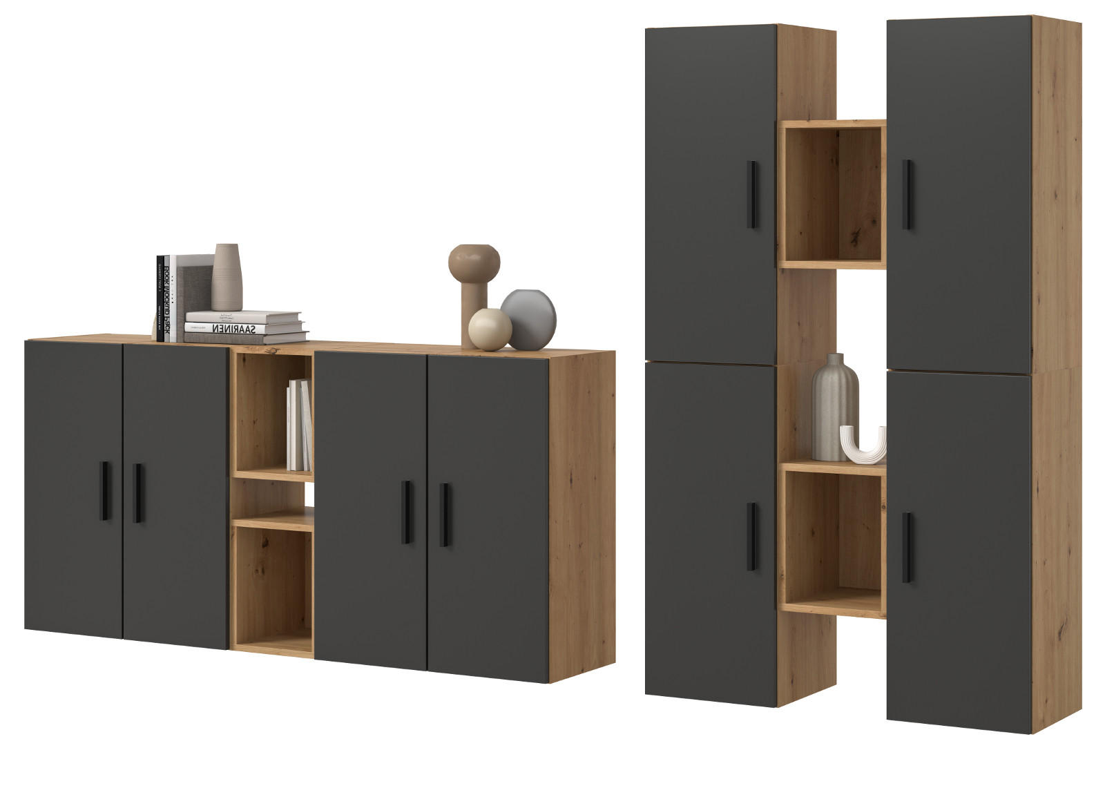 Inn.Furn Wohnwand Eiche Artisan, Grau 259x151x34 cm