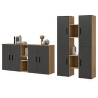 WOHNWAND grau, Eiche Artisan 259 x 184 cm, Wohnkombination hängend / stehend - Schwarz/Eiche Artisan, Holzwerkstoff/Kunststoff (259/151/34cm) - Inn.Furn