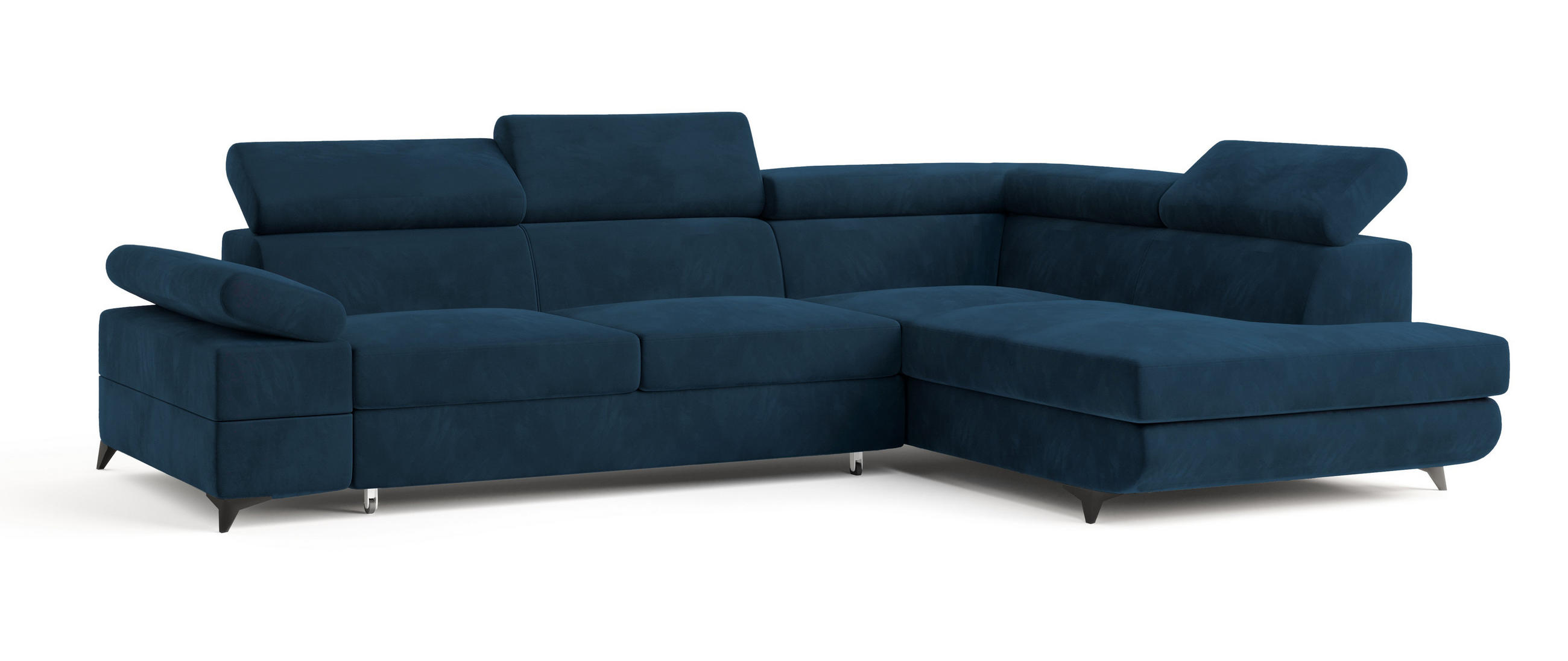 ECKSOFA FAVIEN R-S Blau Velours-Stoff mit Schlaffunktion - Blau, Holz (257/190cm) - MASSENO