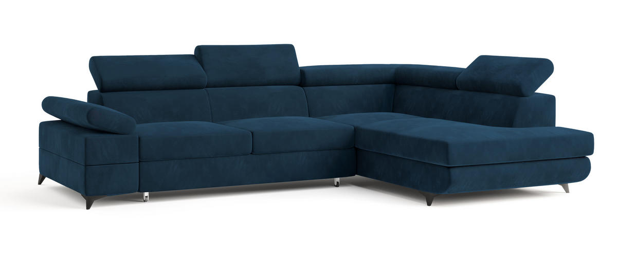 ECKSOFA FAVIEN R-S Blau Velours-Stoff mit Schlaffunktion - Blau, Holz (257/190cm) - MASSENO