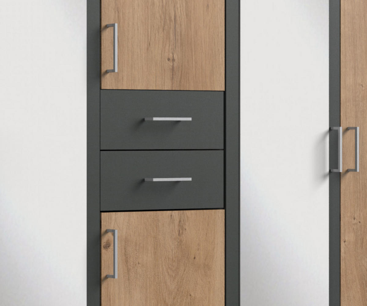 DREHTÜRENSCHRANK Kleiderschrank B225/H208/T58 cm mit Schubkästen & 2 Spiegeltüren, Eiche Dekor mit Absetzungen in Grafit / 22592 - Eichefarben/Silberfarben, Holzwerkstoff/Kunststoff (225/208/58cm) - luma-home