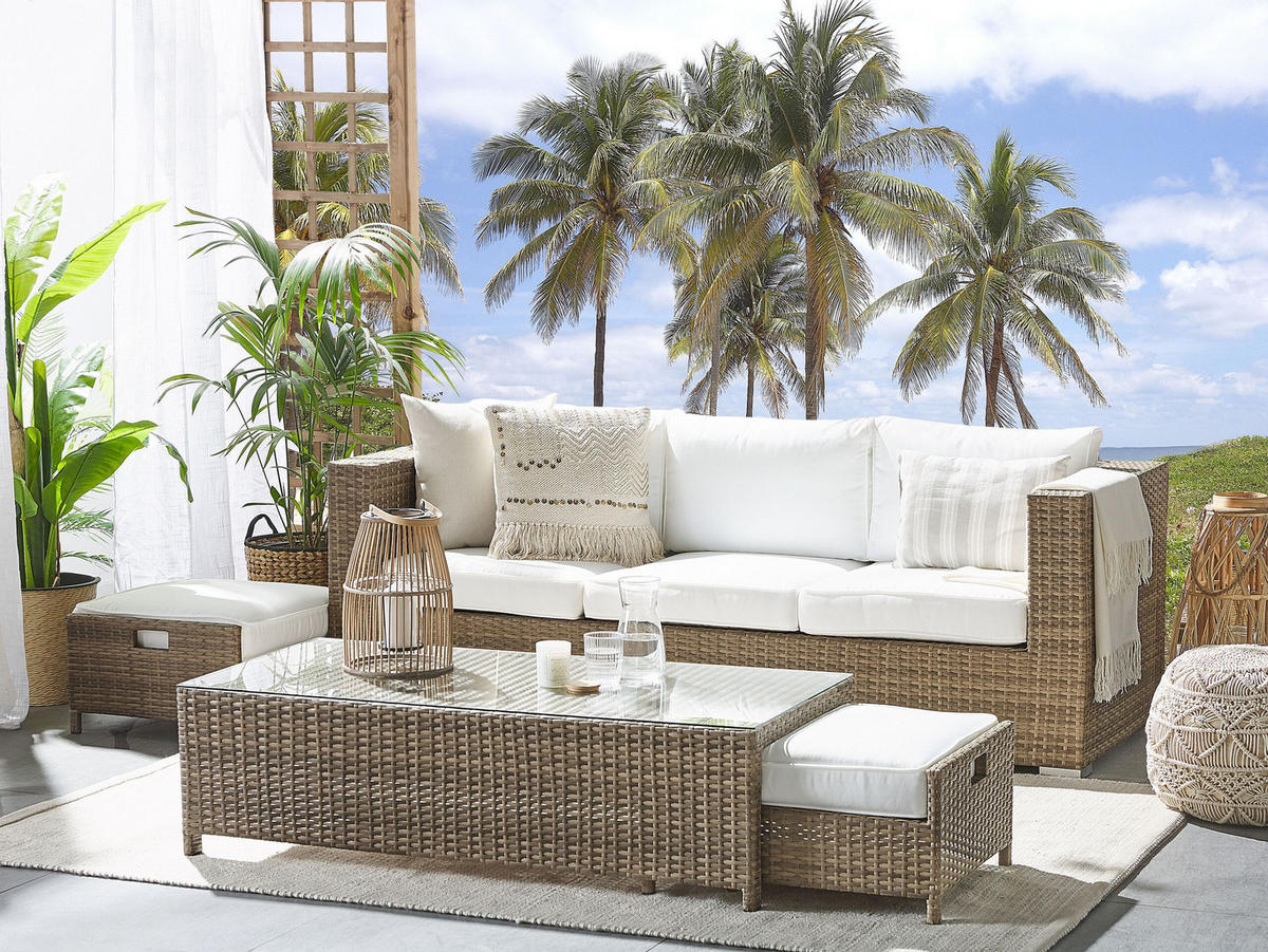 LOUNGE SET 5-Sitzer braun Auflagen weiß Belluno - Weiß, Kunststoff - Beliani