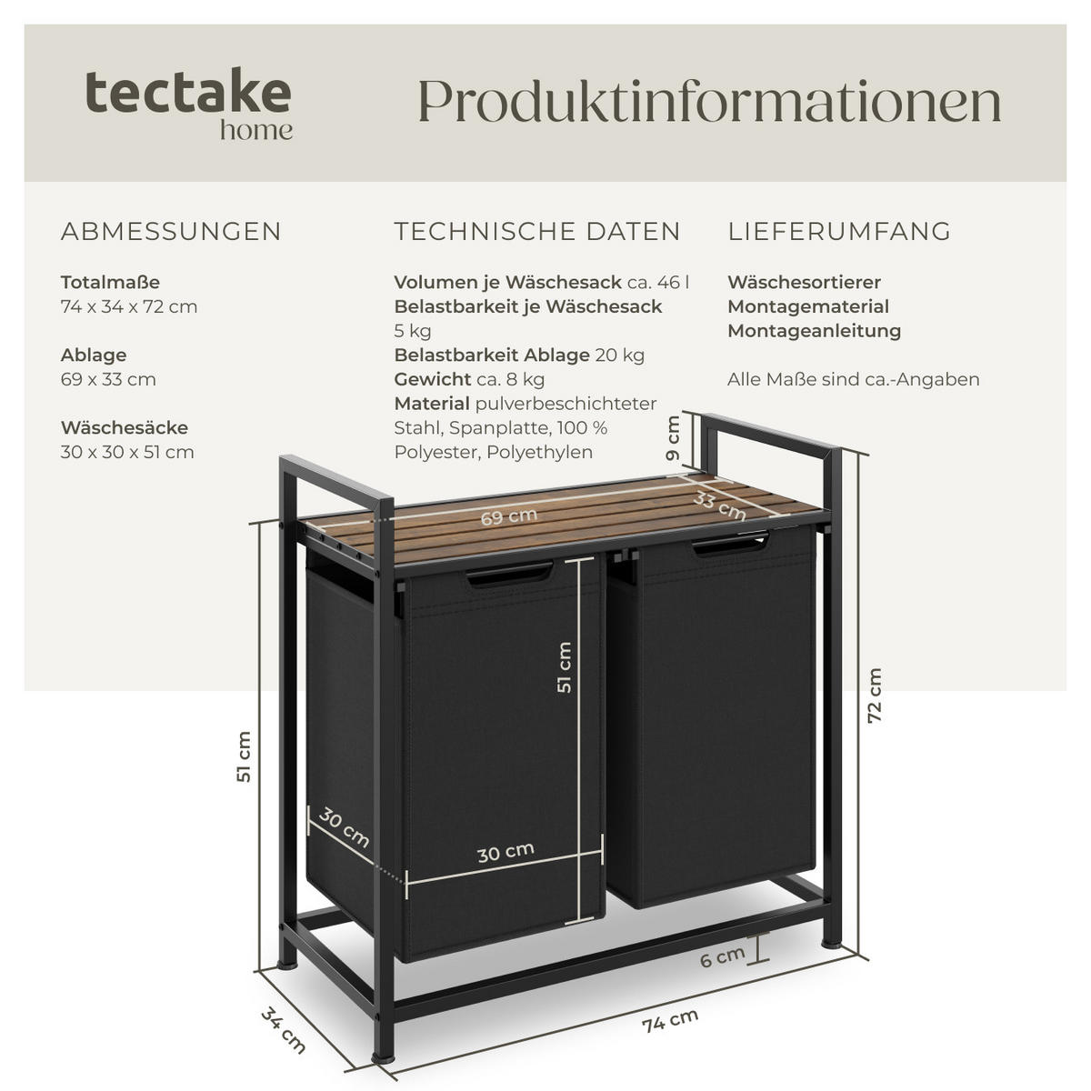WÄSCHESORTIERER, höhenverstellbare Kunststofffüße,schwarz/braun - Schwarz/Braun, Metall (74/72/34cm) - tectake