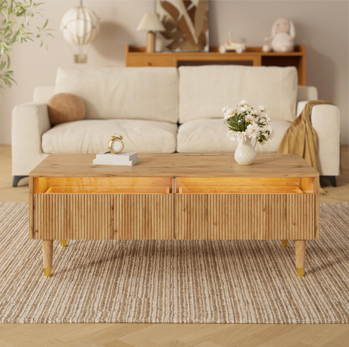 KONFERENČNÍ stolek, 110/50/40 cm, MDF v dekoru dřeva, se 2 zásuvkami a LED osvětlením - přírodní, kompozitní dřevo (110/50/40cm) - BEAOK