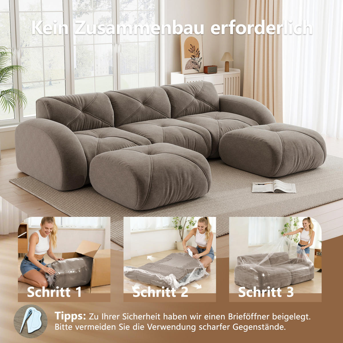 3-SITZER mit Chenille-Bezug in Taupe 281x171x76 cm, rahmenlos und flexibel stellbar - Taupe, Textil (171/76/281cm) - IVMEU