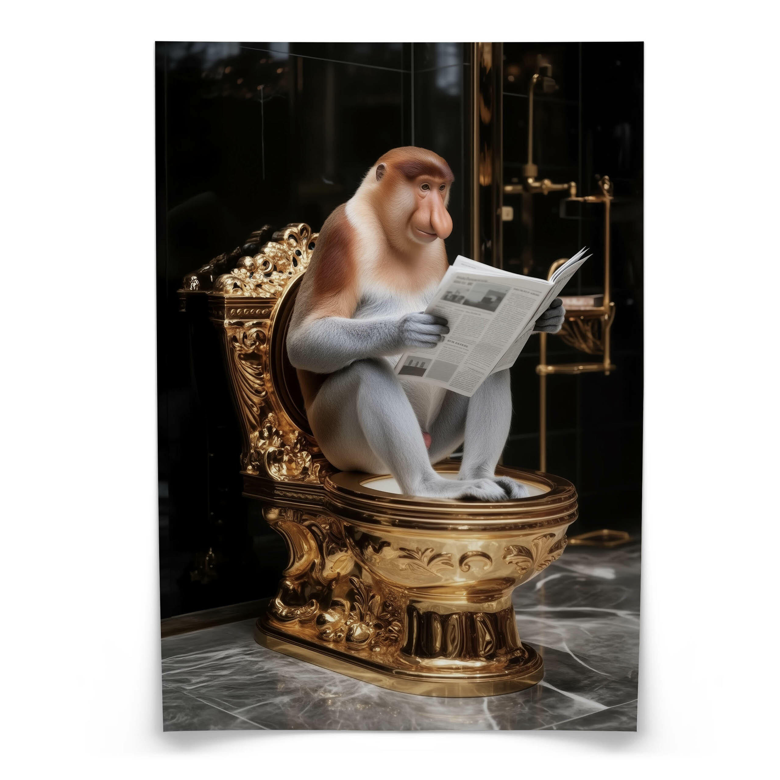 Muralo PLAKÁT do WC a Koupelny NOSÁČ s Novinami Zlatá Toaleta Abstrakce 50x70cm