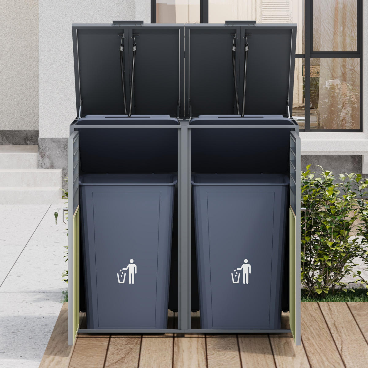 MÜLLTONNENBOX Klappdeckel 2 Türen Lamellen Lüftung - Grau, Metall (132/118.5/80cm) - LEBENLANG