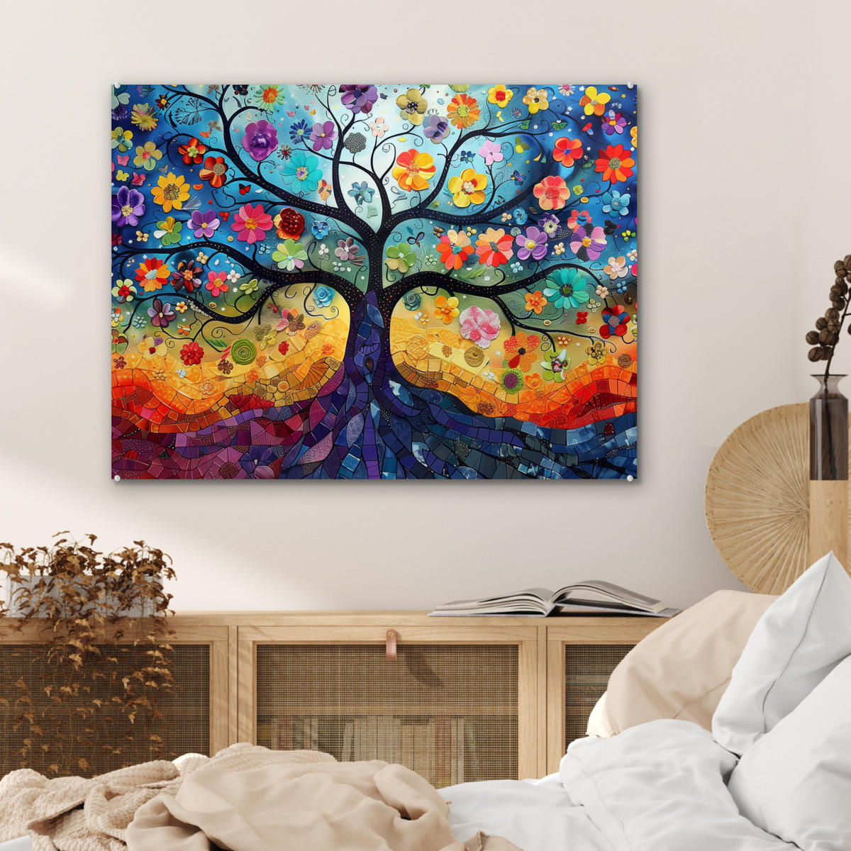 OBRAZ NA AKRYLOVOM SKLE Umenie - Strom života - Kvety - Hippie 80x60 cm - tmavomodrá, sklo (80/60cm) - MuchoWow