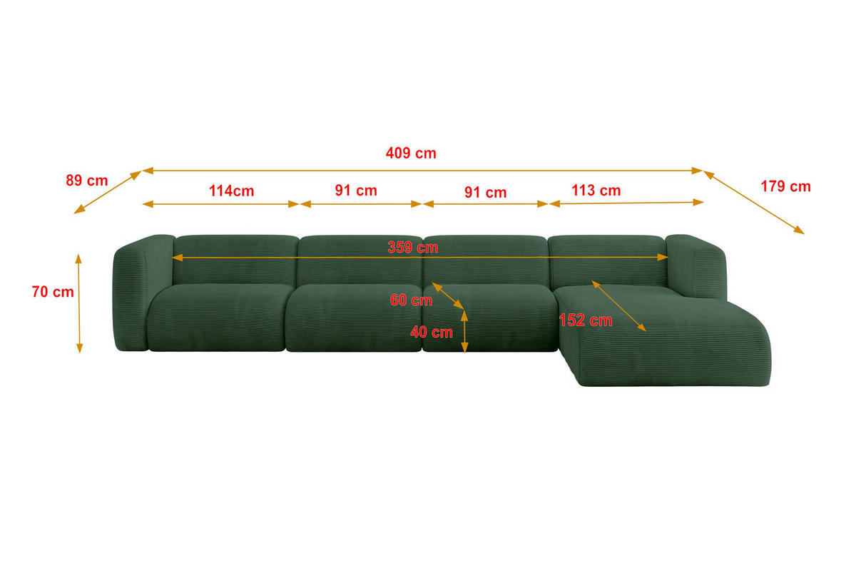 ECKSOFA Ottomane Rechts MIRA-L3 409x179x70 Grün Cord - Salbeigrün/Schwarz, Holzwerkstoff/Kunststoff (409/179cm) - ALTDECOR