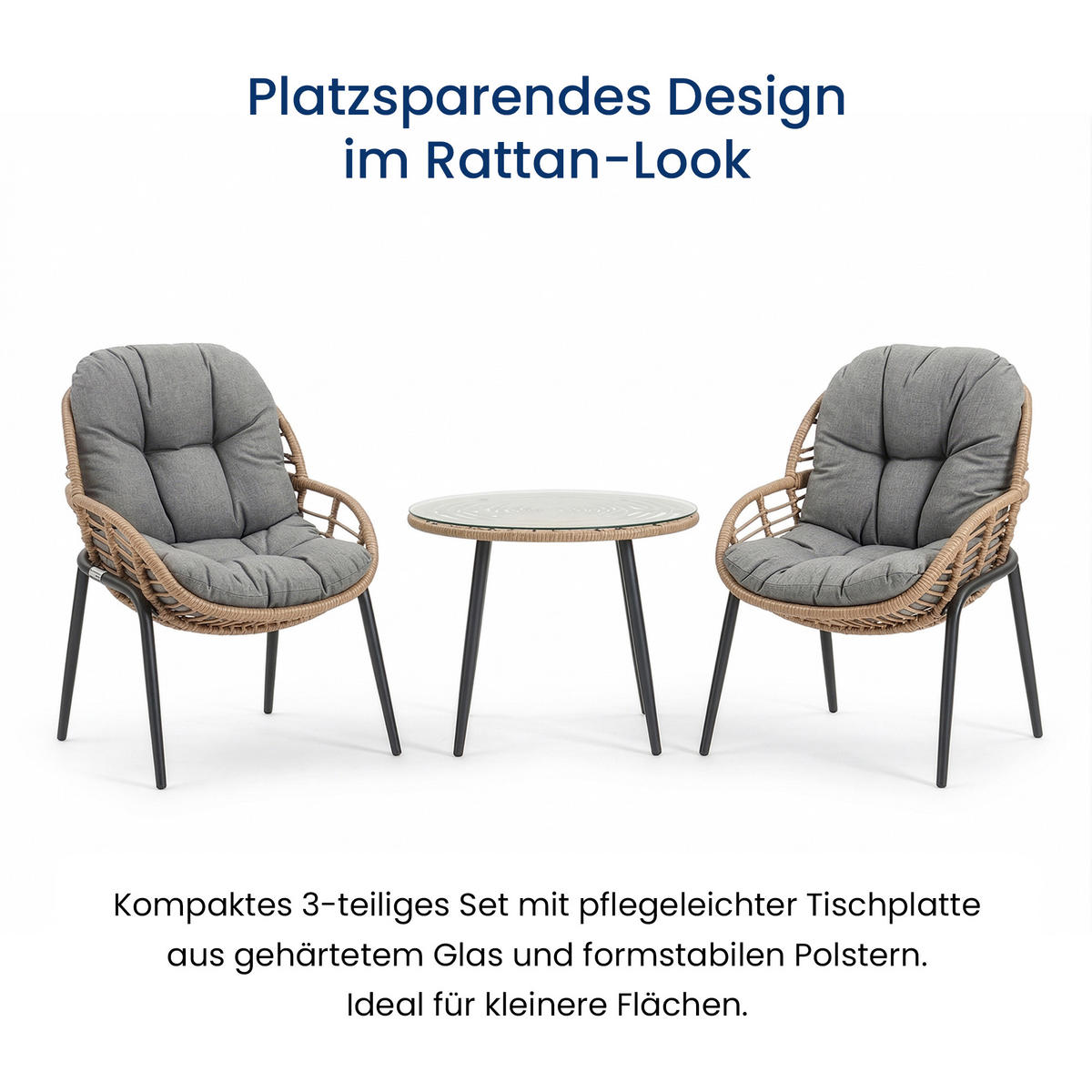GARTENMÖBEL-SET mit 1 Beistelltisch und 2 Esszimmerstühlen. schwarz. grau und Eiche natur - Schwarz/Naturfarben, Metall - Home Collective