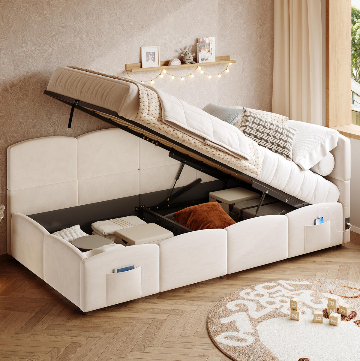 SCHLAFSOFA aus Samt 90x200 cm Beige mit Stauraum, USB-A- und USB-C-Anschlüssen - Beige, Textil (90/200cm) - IVMEU