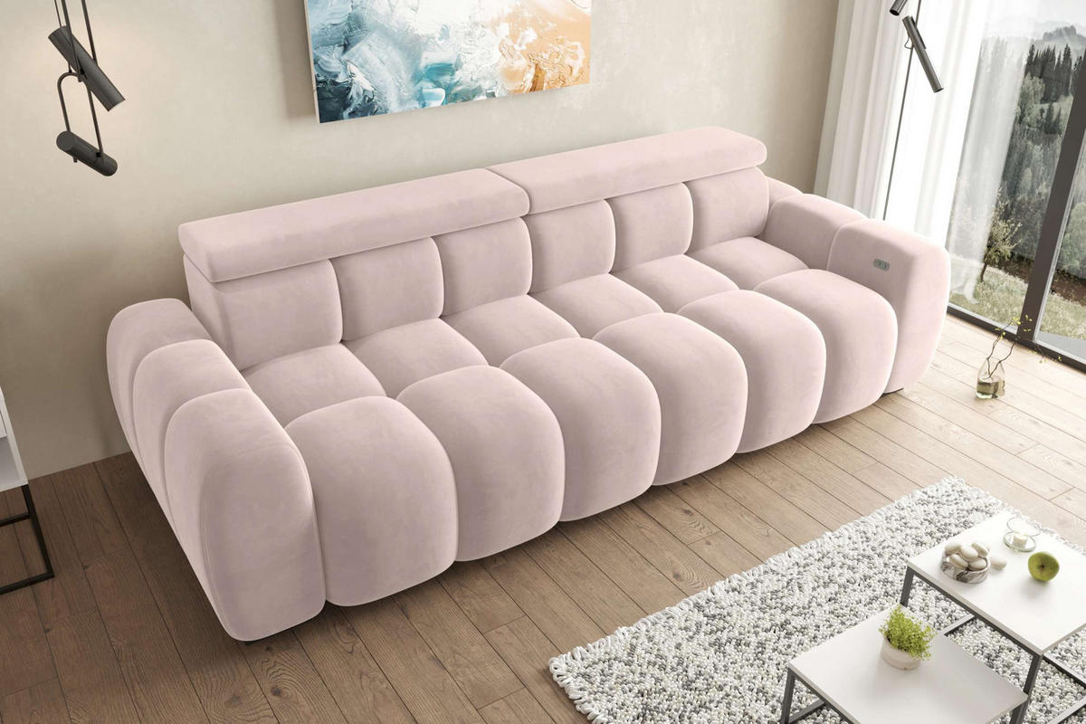BIGSOFA ALESSIO Velours Beige mit elektrischer Sitztiefenverstellung - Beige, Kunststoff/Textil (248/77/108cm) - 99rooms