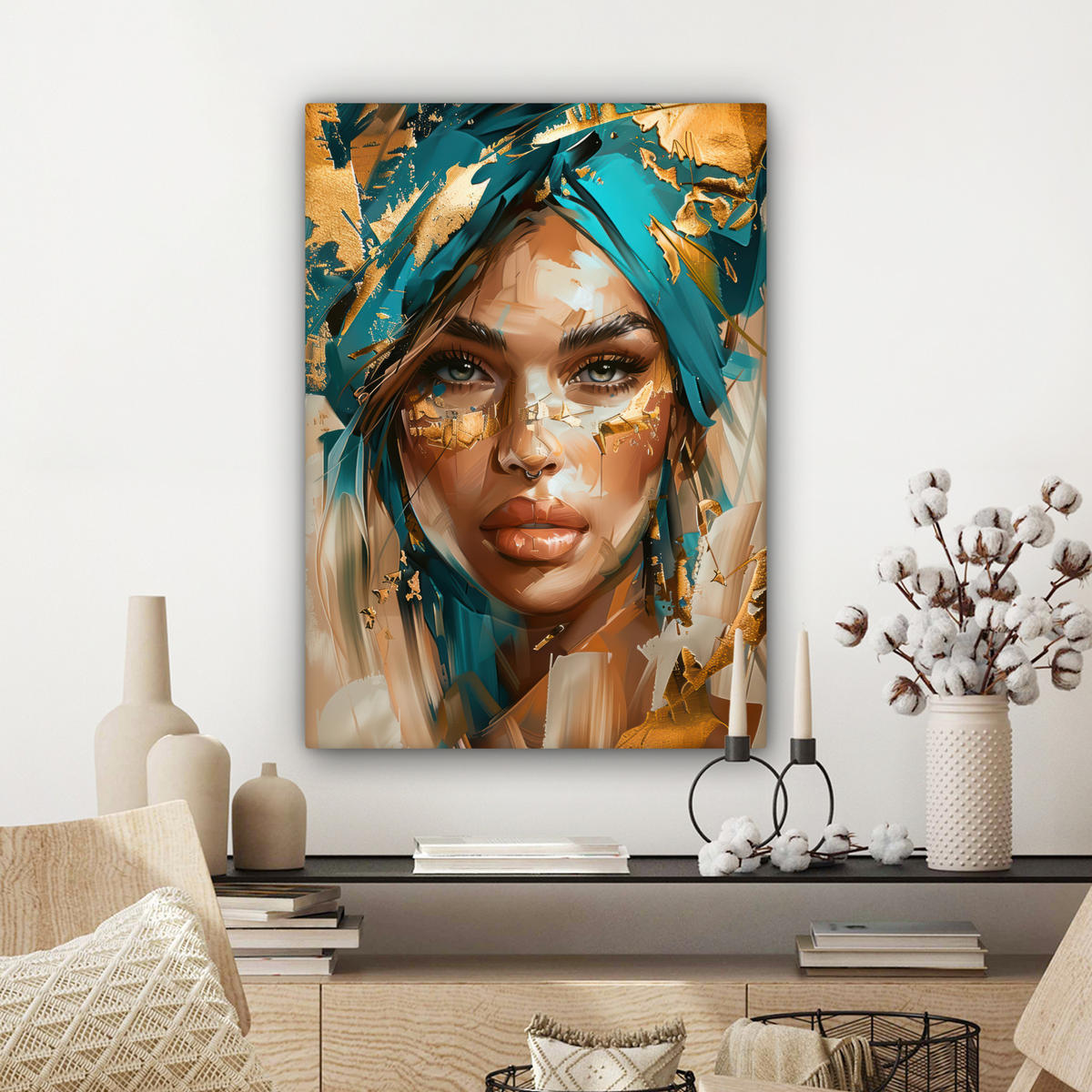 LEINWANDBILD - Frau - Porträt - Gold - Luxus - Blau - 60x80 - Gemälde - Türkis, Textil (60/80cm) - MuchoWow