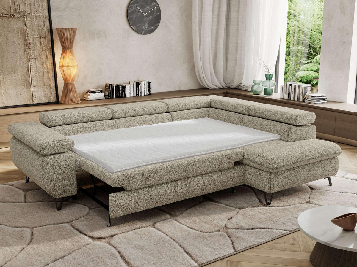 ECKSOFA PABLO L Beige Struktur - Rechts Seite mit Visco Topper - Beige/Schwarz, Textil/Metall (273/208cm) - MKS