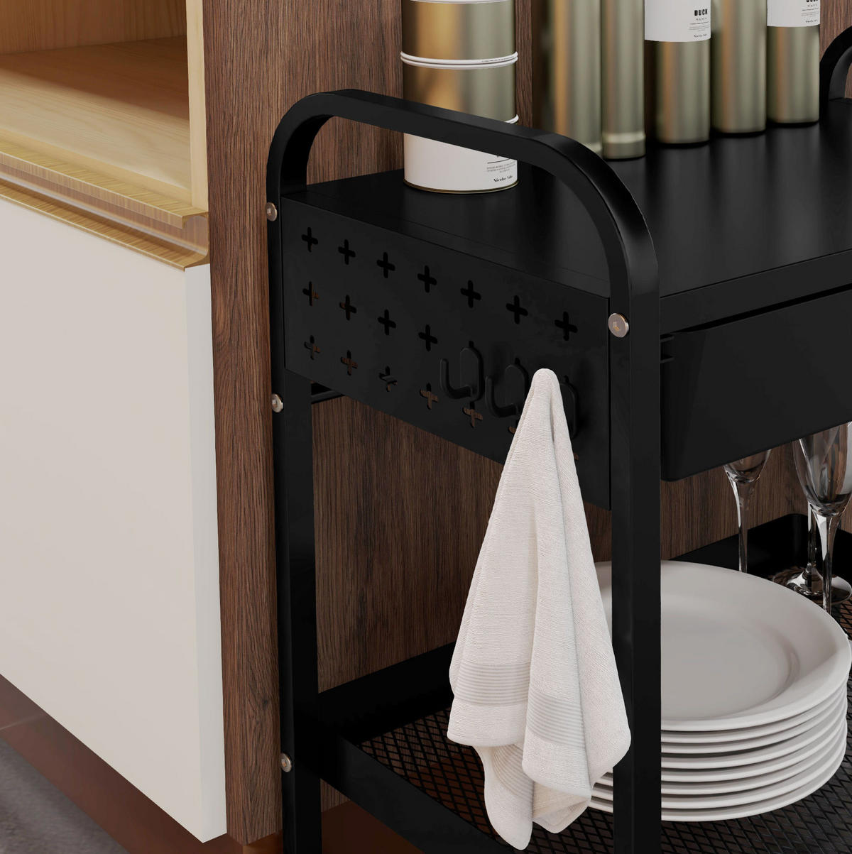 ROLLWAGEN mit Schublade und Ablage 61 x 32,6 x 58,5 cm Schwarz - Schwarz, Kunststoff (32.6/58.5/61cm) - Beauniv