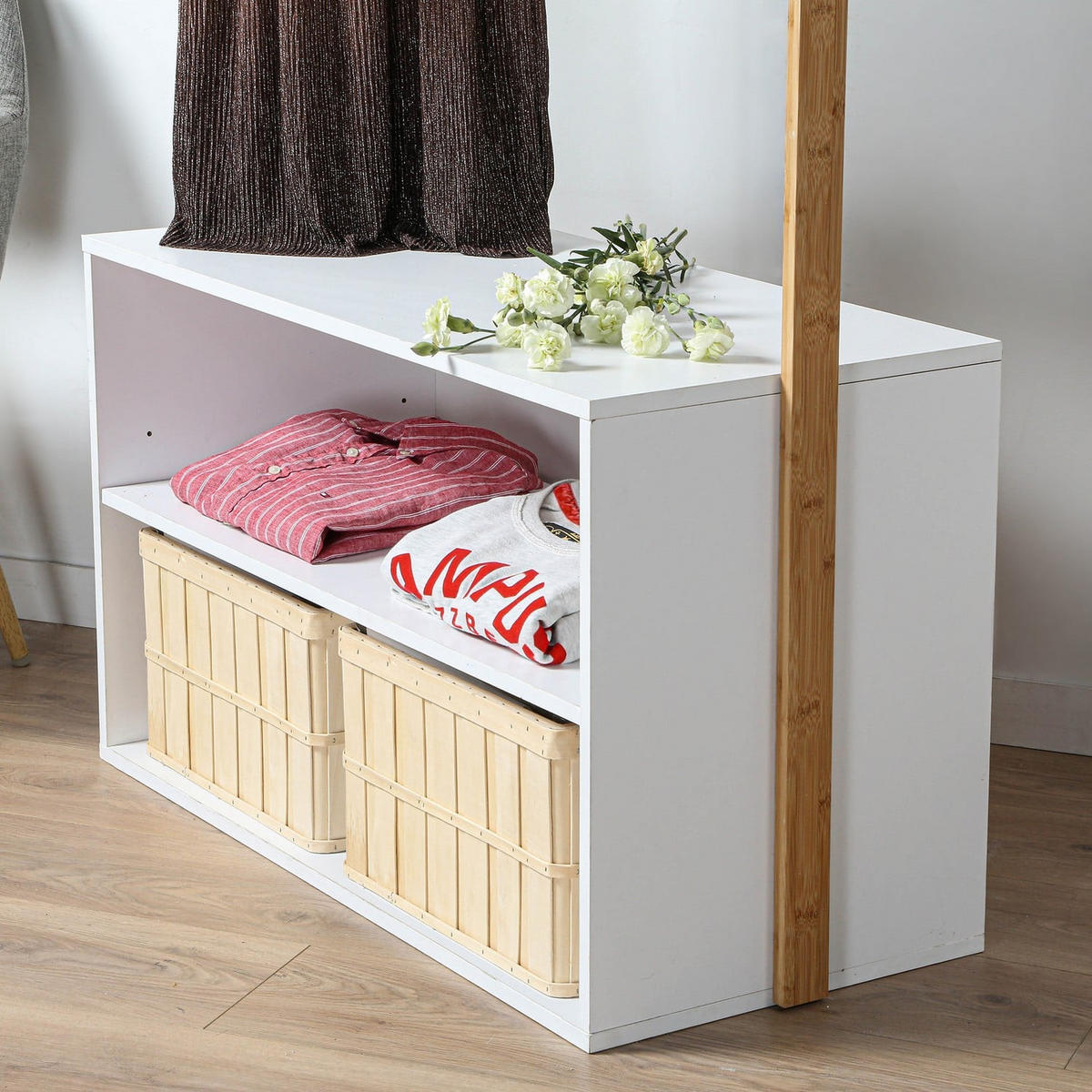 GARDEROBENSTÄNDER mit Stauraum - Weißdekor und Bamboo - L90 cm - Weiß, Holz (40/171/90cm) - Calicosy