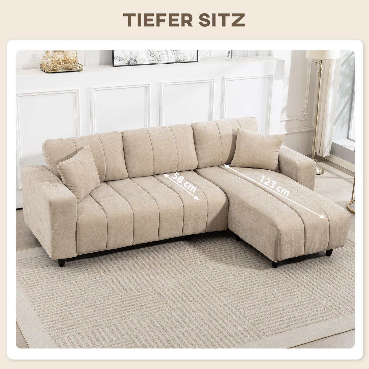 ECKSOFA, 3 Sitzer Couch in L-Form mit umkehrbarer Chaiselongue, Kissen, Beige - Beige/Schwarz, Kunststoff/Textil (156/242cm) - HOMCOM