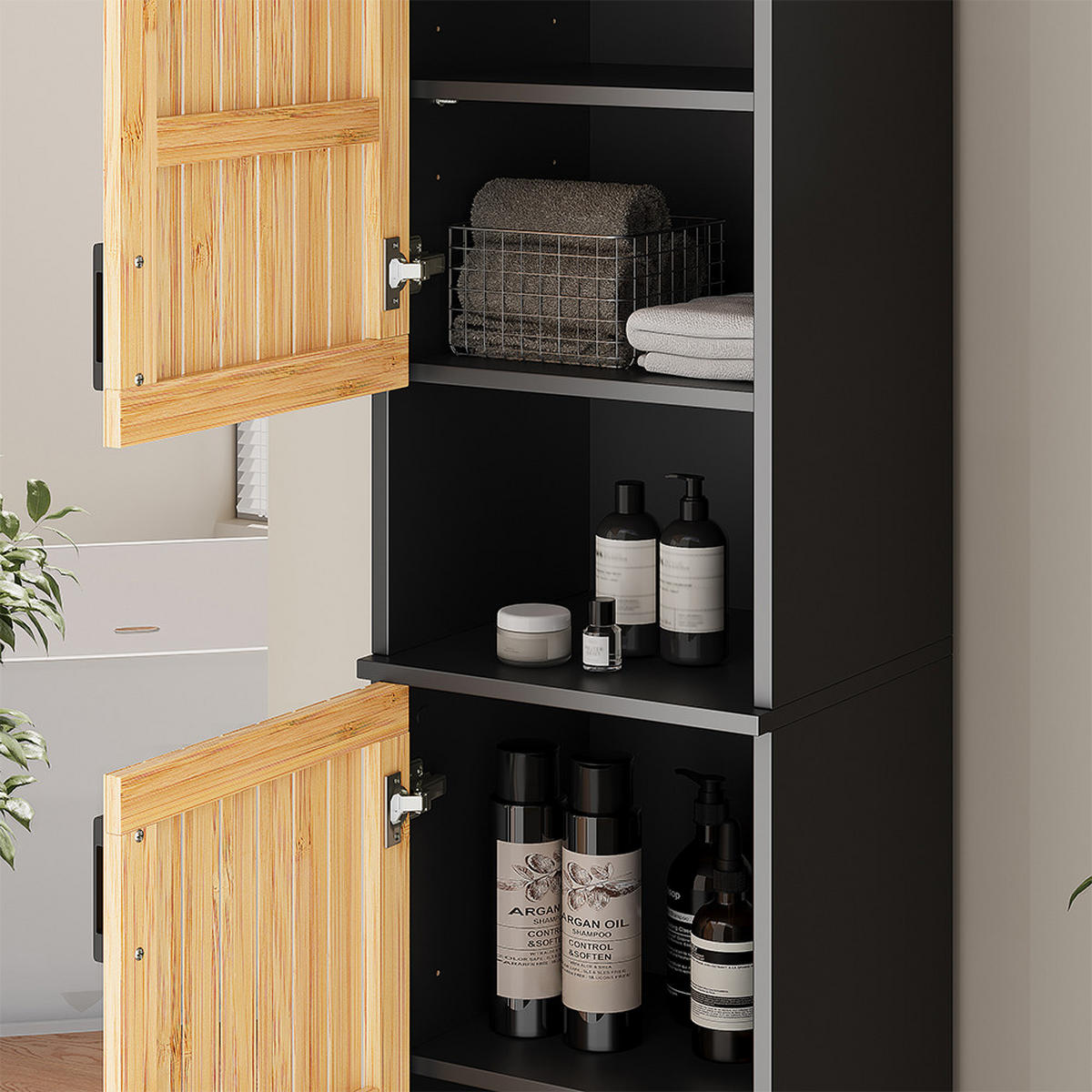 BADSCHRANK Vayra Bambus 35 x 145 cm - Schwarz/Grün, Holzwerkstoff (35/145/31.5cm) - Vicco