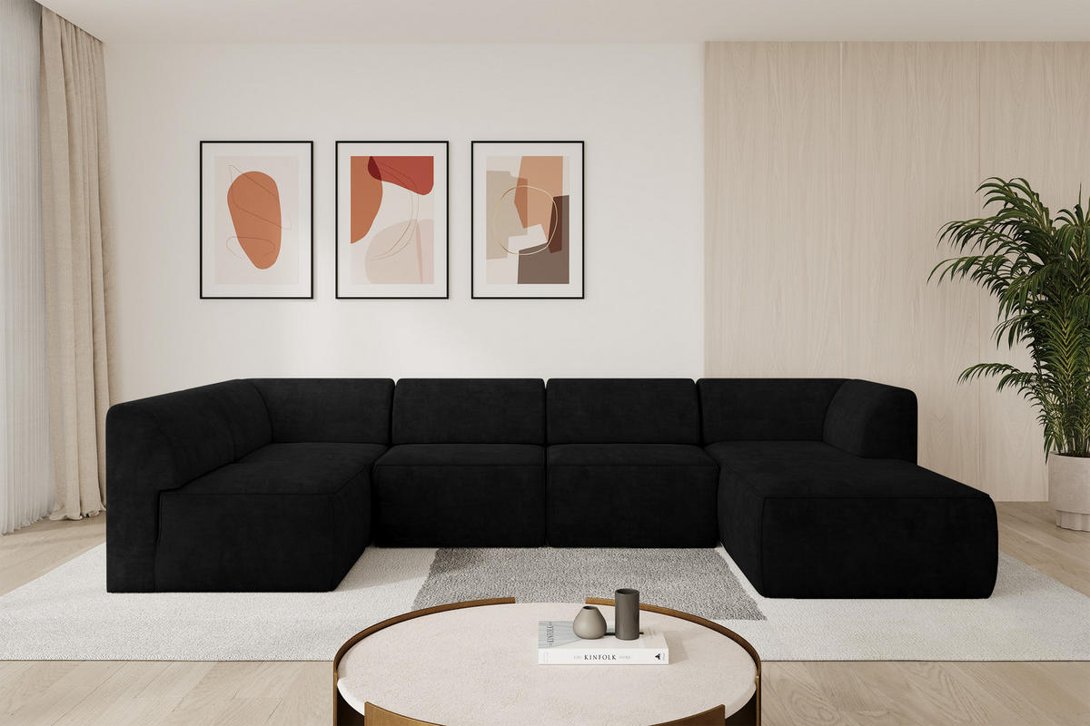 WOHNLANDSCHAFT Ottomane Rechts MOVO-L 345x180x78 cm Schwarz Velours - Schwarz, Holzwerkstoff/Kunststoff (180/78/345cm) - ALTDECOR